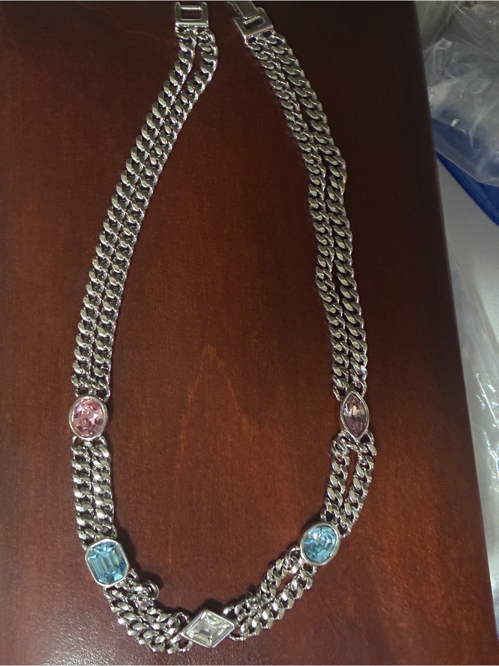 Swarovski Silver-Tone Necklace with Pink and Light Blue Stones